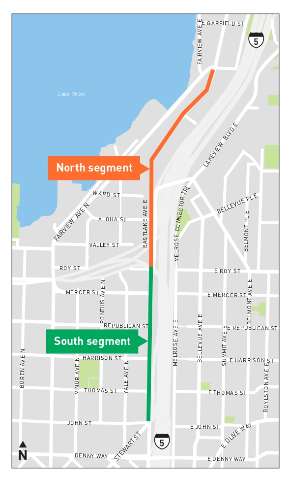 Map showing east South Lake Union with two segments of Eastlake highlighted, north and south of Roy Street