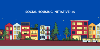 I-135 Social Housing Backers Expect to Qualify for February Ballot After Turning In Another 7,500 Signatures Image description: Three and four story rowhouses with trees along a street with a bus on it. Text reads: Social Housing Initiative 135
