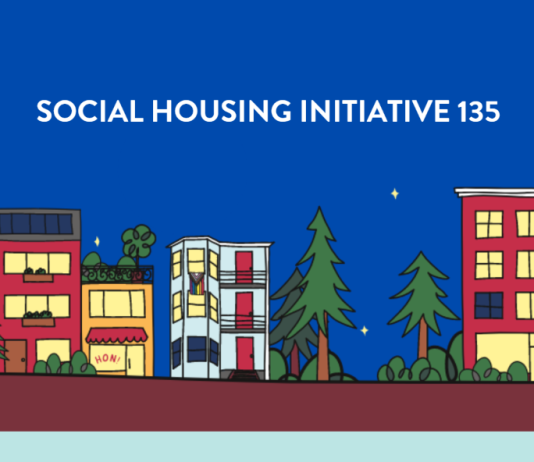 I-135 Social Housing Backers Expect to Qualify for February Ballot After Turning In Another 7,500 Signatures Image description: Three and four story rowhouses with trees along a street with a bus on it. Text reads: Social Housing Initiative 135