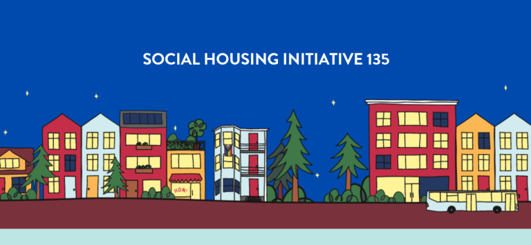 Image description: Three and four story rowhouses with trees along a street with a bus on it. Text reads: Social Housing Initiative 135