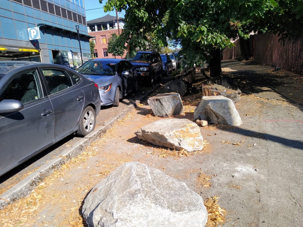 A large number of rocks in a planter strip