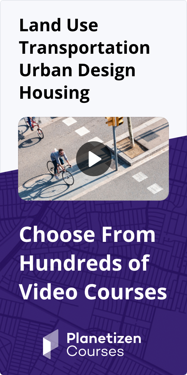 Caption: Land Use, Transportation, Urban Design, Housing. Choose from Hundreds of Video Courses. Planetizen Courses. Image Description: Two people biking across an intersection.