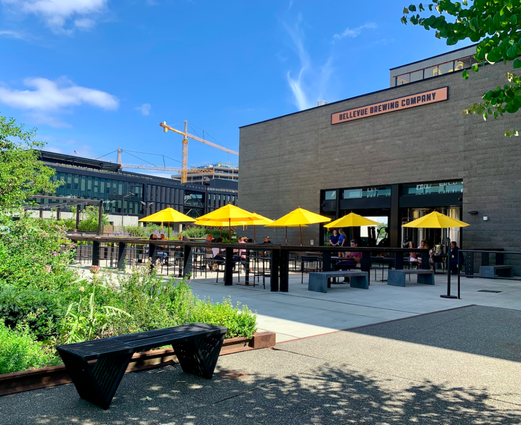 A photo of a bench and vegetation in front of an outdoor restaurant patio with yellow umbrellas. 