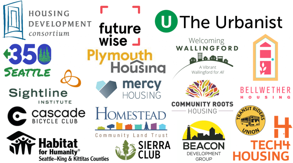 A graphic includes logos from signing organizations which include Housing Development Consortium, Futurewise, The Urbanist, 350 Seattle, Plymouth Housing, Welcoming Wallingford, Bellwether Housing, Sightline Institute, Mercy Housing, Community Roots Housing, Transit Riders Union, Cascade Bicycle Club, Homestead Community Land Trust, Beacon Development Group, Habitat for Humanity Seattle-King & Kittitas Counties, Sierra Club, and Tech 4 Housing.