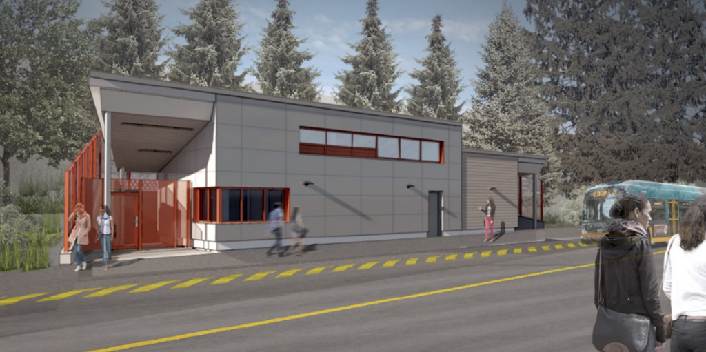 A 3D rendering showing a two story building with pine trees behind, riders hanging out and a bus coming into view