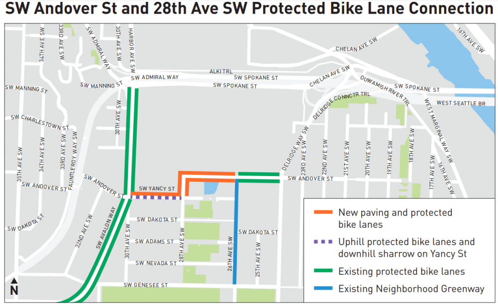 Map showing two blocks of bike lanes, with downhill sharrow on SW Yancy, connecting different existing facilities in north Delridge