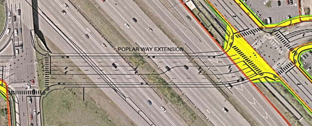 An aerial blueprint of Poplar Way over I-5