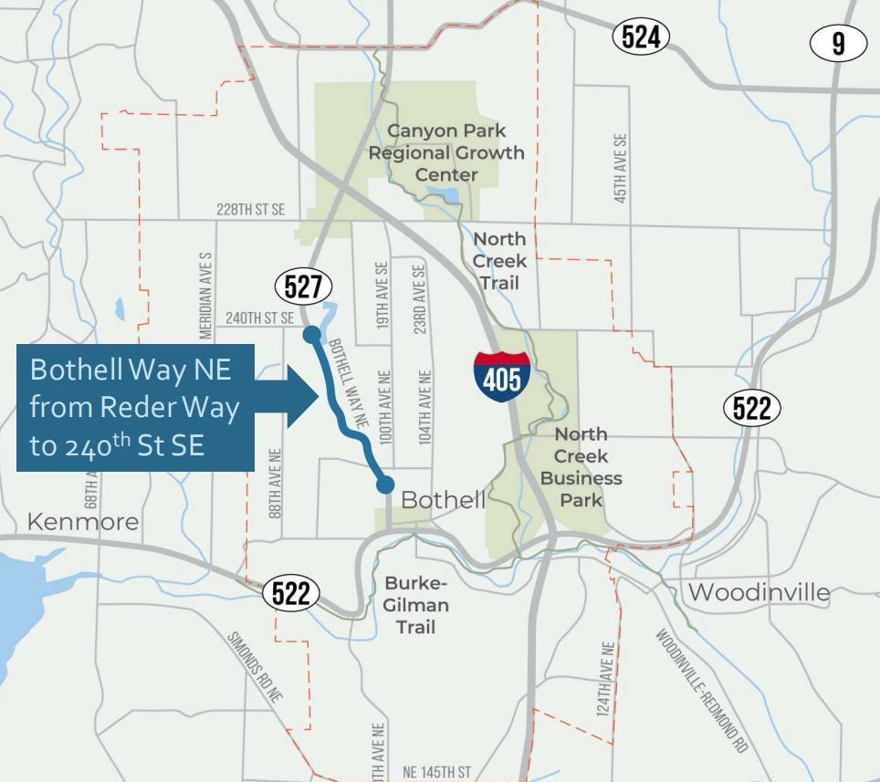 A map of Bothell Way with the project's borders between Reder Way and 240th highlighted
