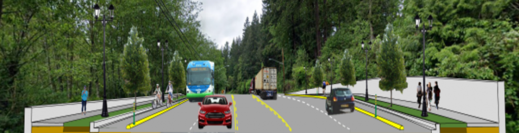 A rendering of future Bothell Way with a bus, protected bike lanes and wider sidewalks