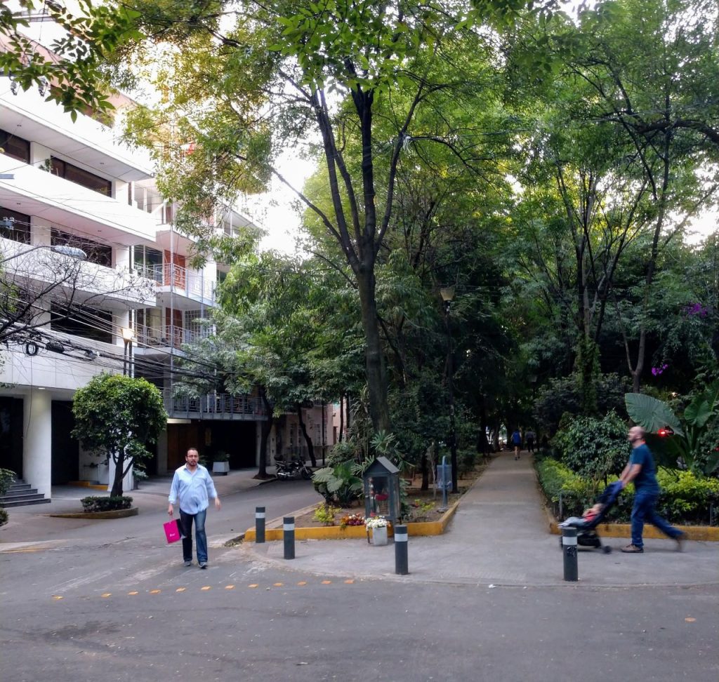 A street with tall trees and other lush greenery growing in the median. There is a walking path in the median and two men walk past, one pushing a stroller.