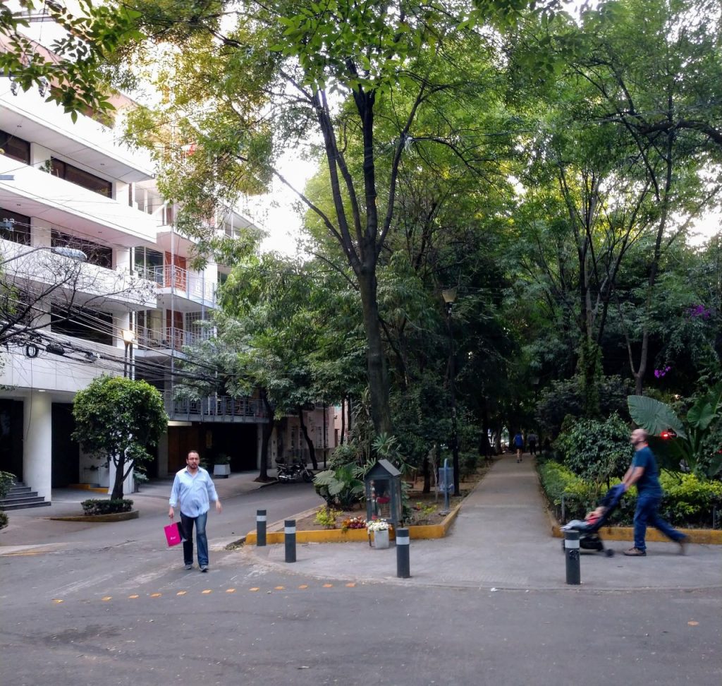 A street with tall trees and other lush greenery growing in the median. There is a walking path in the median and two men walk past, one pushing a stroller. 