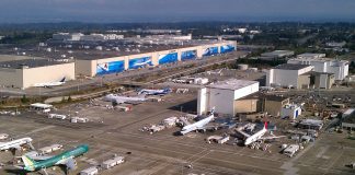 An aerial photo of Boeing's sprawling Everett manufacturing plan with planes sitting on the tarmac.