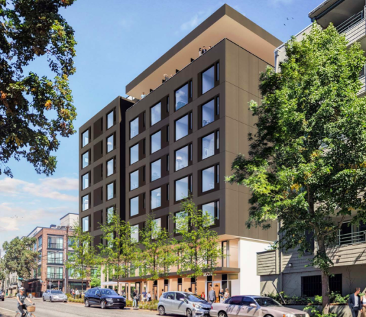 Housing Notes: 413 Apartments Proposed in Bitter Lake, Everett Waterfront Development, Bel-Red Rising A rendering of an apartment building on a business street with trees