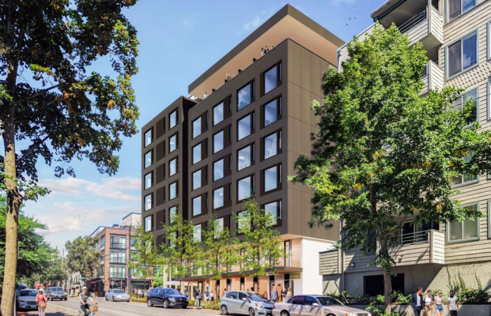 Roosevelt Assembly rendering A rendering of an apartment building on a business street with trees