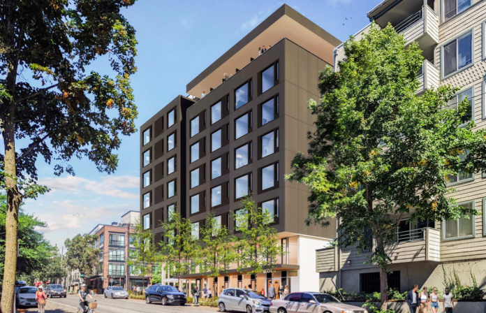 A rendering of an apartment building on a business street with trees