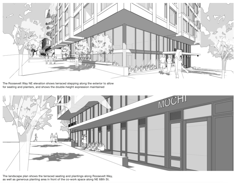 Renderings of the street level view of the Roosevelt Assembly development. 
