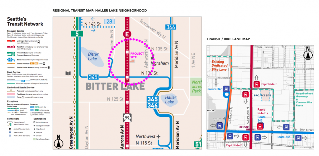 A transit and bike facility map near the planned development site on N 135th Street in Seattle 