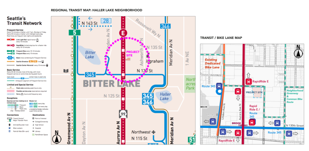 A transit and bike facility map near the planned development site on N 135th Street in Seattle
