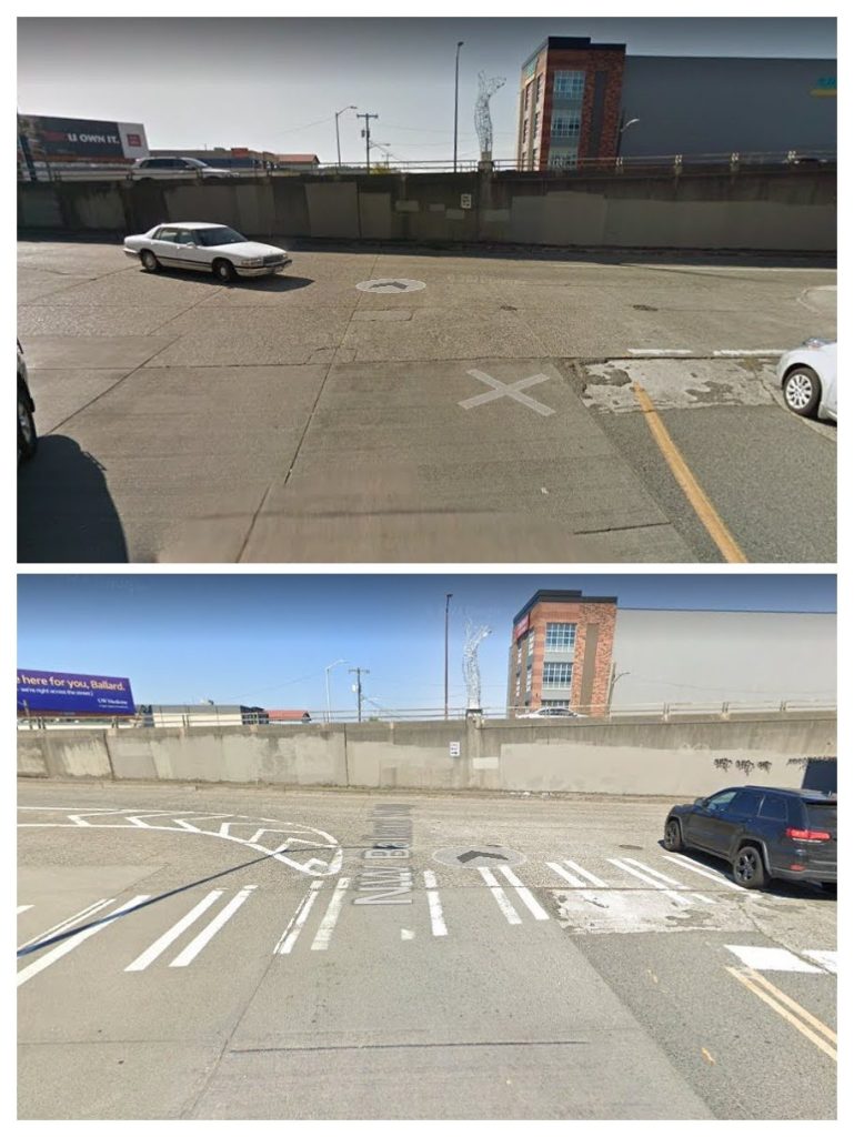 Two images of a Ballard Bridge ramp, one with a crosswalk and some paint lines delineating where drivers should turn