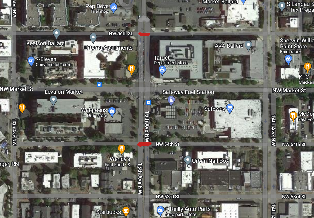 Map of the area around 15th Ave NW and Market with red lines indicating where crossings were considered to be prohibited