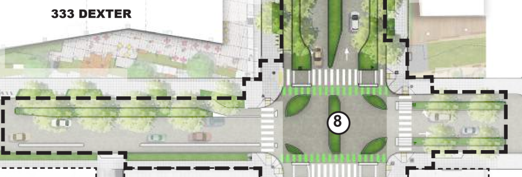 Blueprint for Thomas and Dexter with wedge shapes near the corners of the intersection