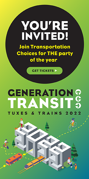 An ad for Transportation Choices Coalition's tuxes and trains gala 2022 on October 1st