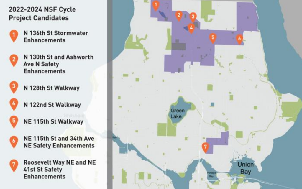 Map of Seattle north of the ship canal with seven projects in the areas described