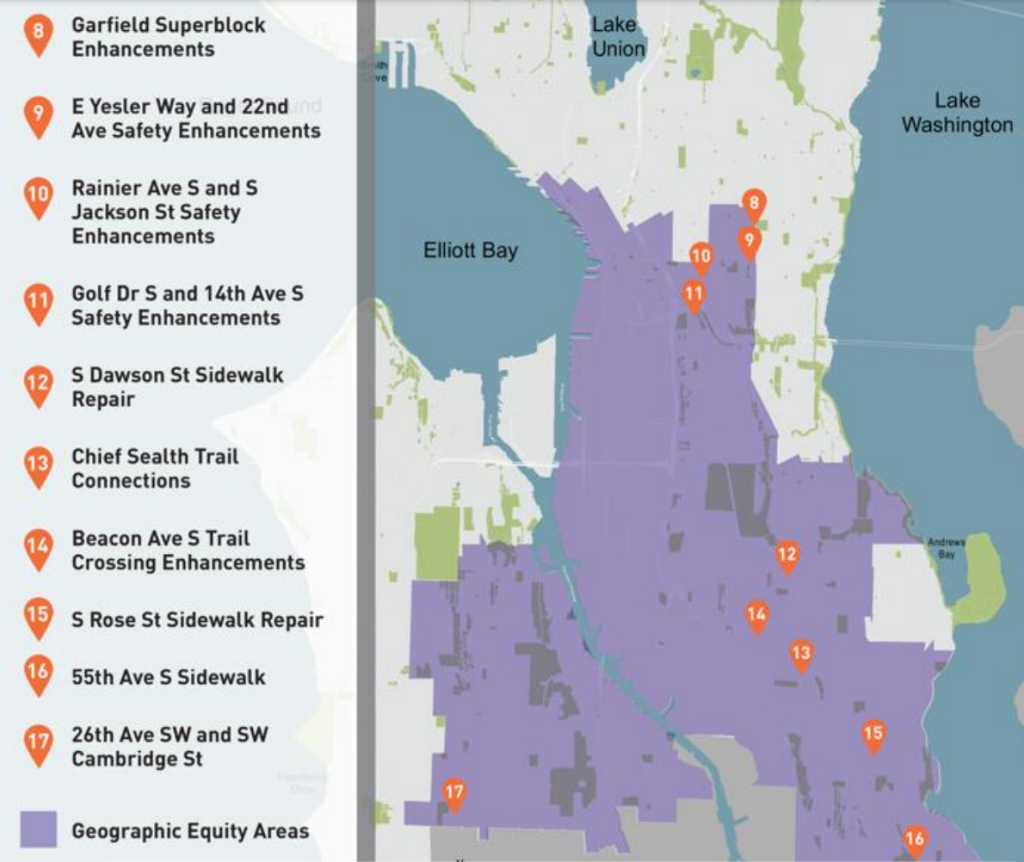 Map of Seattle south of the ship canal, with ten icons indicating possible projects in the areas described