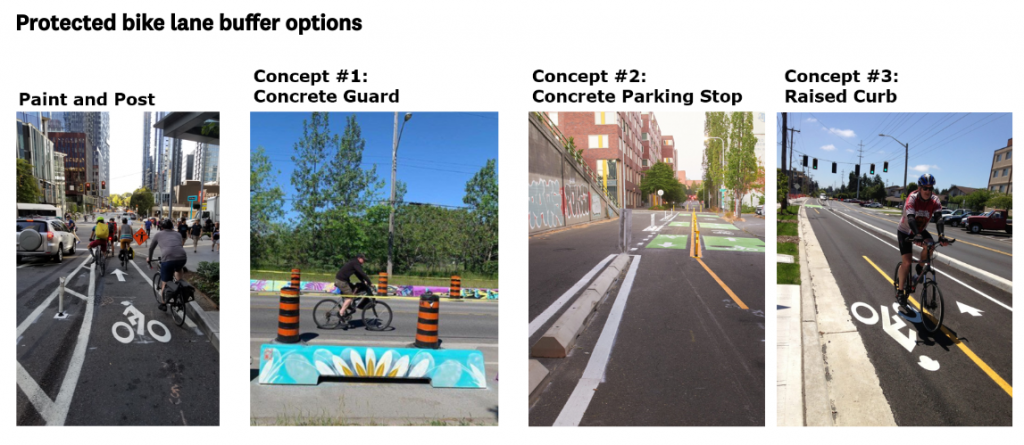 Four options for a bike lane barrier, one paint and post and three concrete