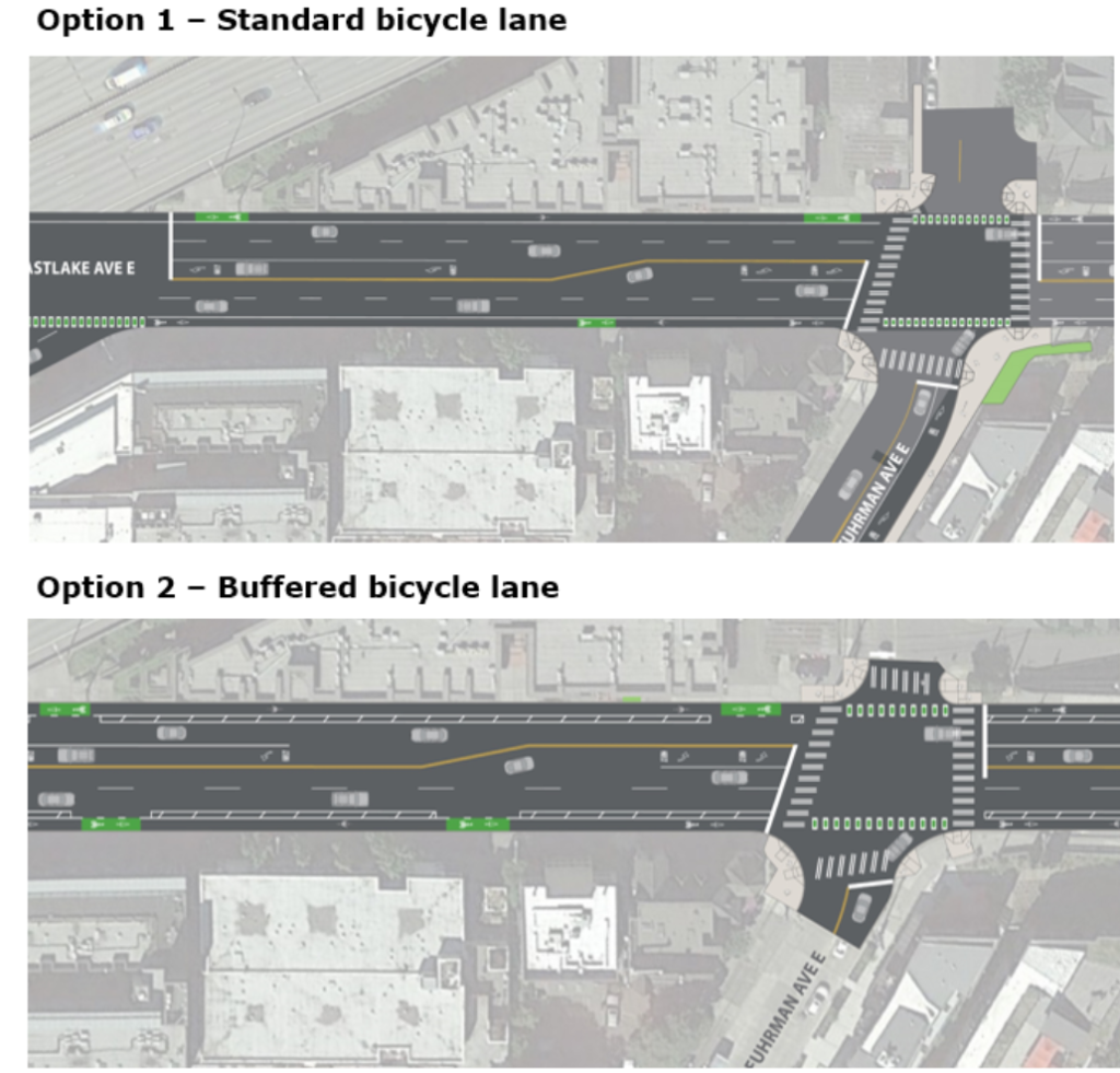 Two aerial views of the segment just south of the University Bridge, one with a barrier and one without