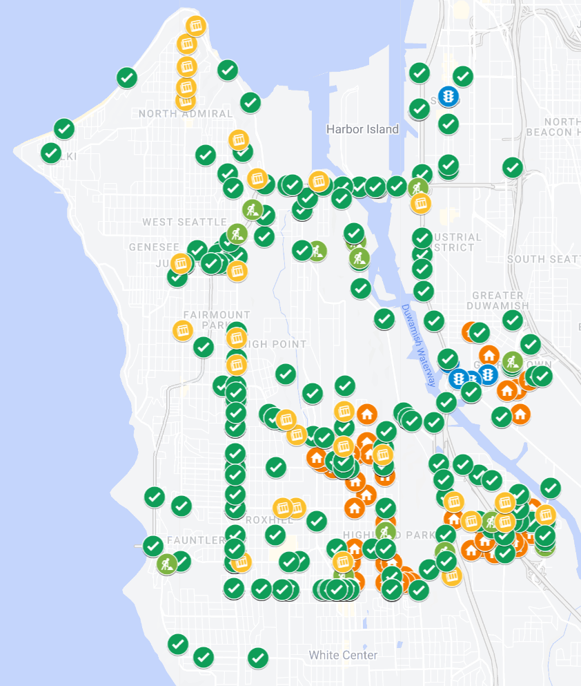 A map of West Seattle and the Duwamish Valley with icons designating projects, mostly focused on arterial streets
