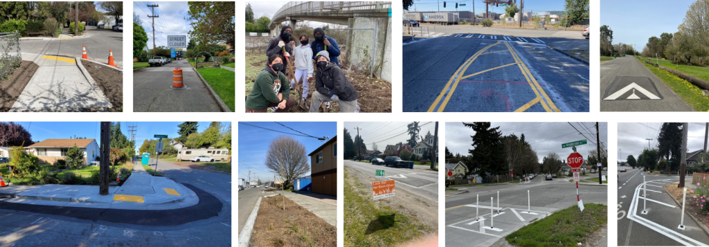 An assortment of traffic control measures including bulbouts, curb ramps, and street closure signs