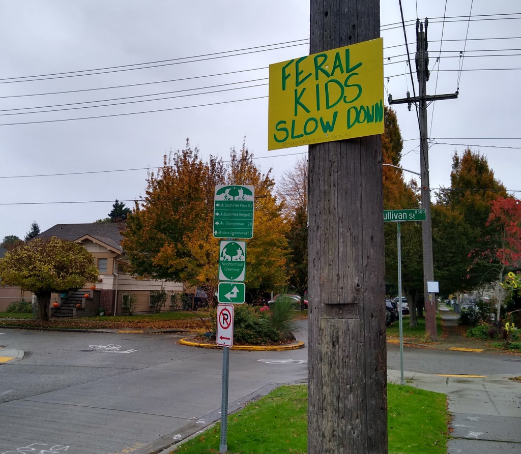 A sign says "Feral kids" slow down in front of a bike wayfinding sign in South park