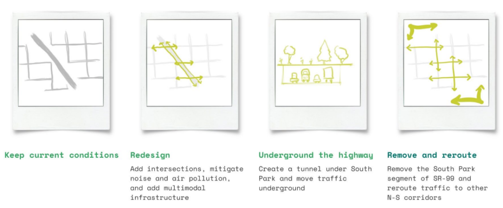 Four alternative paths for Reconnect South Park: current conditions, redesigned highway, undergrounded highway, and removed