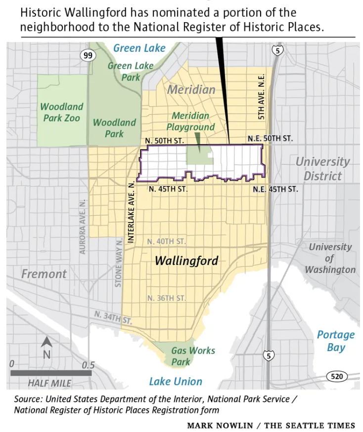 Map of Historic Wallingford highlighting a purple outlined rough rectangle between N. 50th Street and N. 45th Street bounded by the University District, Fremont, and Woodland Park.