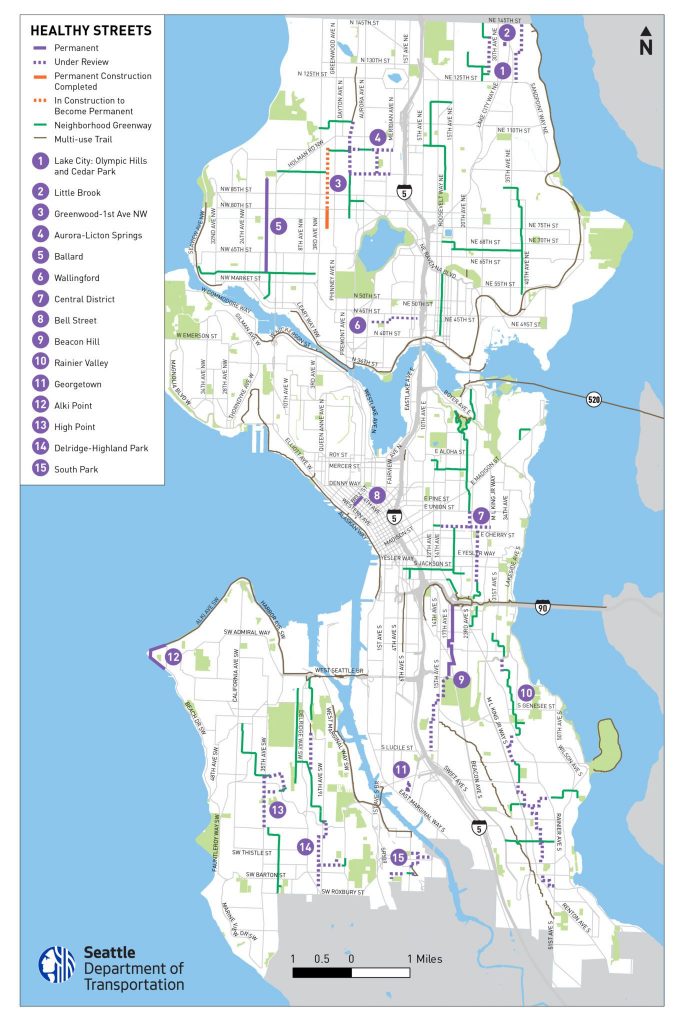 Citywide map of Seattle with Healthy Streets under review and regular neighborhood greenways