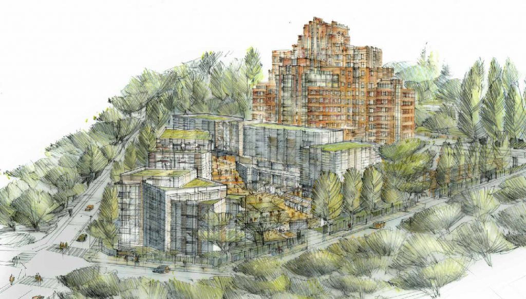 A sketch of the Pacific Tower parking lot TOD project showing lots of trees and greenery and the 160 apartment homes at the base of the distinctive orange brick Pacific Tower building in Beacon Hill. Image by Weber Thompson.