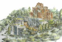 Seattle Public Utilities Is Exacting Impermissible Capital Improvement Fees A sketch of the Pacific Tower parking lot TOD project showing lots of trees and greenery and the 160 apartment homes at the base of the distinctive orange brick Pacific Tower building in Beacon Hill. Image by Weber Thompson.