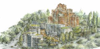 A sketch of the Pacific Tower parking lot TOD project showing lots of trees and greenery and the 160 apartment homes at the base of the distinctive orange brick Pacific Tower building in Beacon Hill. Image by Weber Thompson.