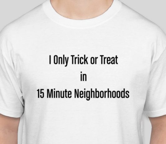 7 Last-Minute Urbanist Halloween Costumes A white t-shirt reads "I only trick or treat in 15-minute neighborhoods"