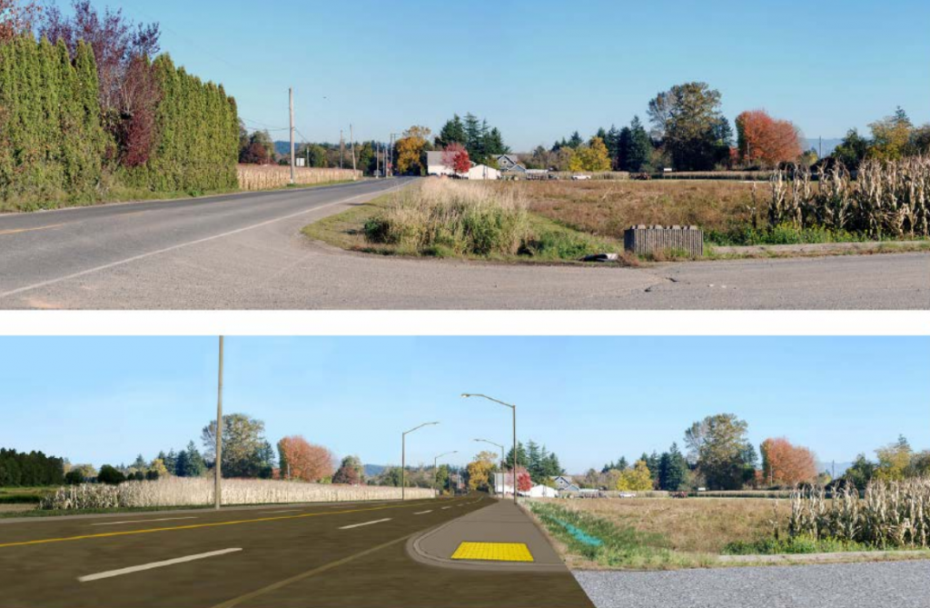 A before and after rendering showing a four lane road (without turn lane in this section) near farmland in rural Pierce County