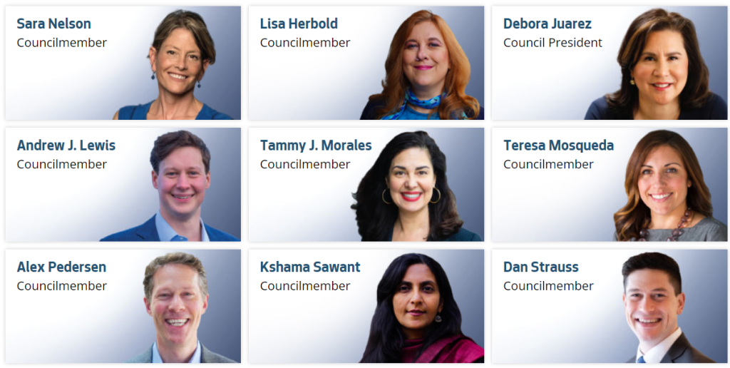 Headshots are shown for Sara Nelson, Lisa Herbold, Debora Juarez, Andrew Lewis, Tammy Morales, Teresa Mosqueda, Alex Pedersen, Kshama Sawant, and Dan Strauss.