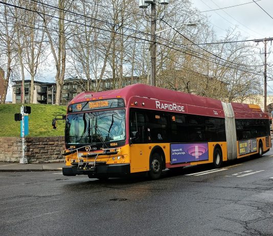 Metro Floats Reviving Route 47 in Flawed Bus Restructure Proposal for RapidRide G An articulated RapidRide branded bus runs as Route 49 in Capitol Hill.
