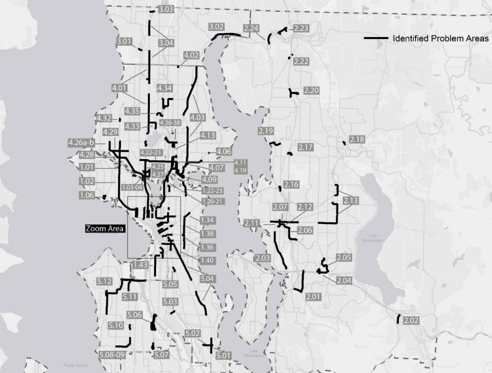 A map of dark lines drawn on north King County streets, with many inside Seattle, indicating "problem areas"