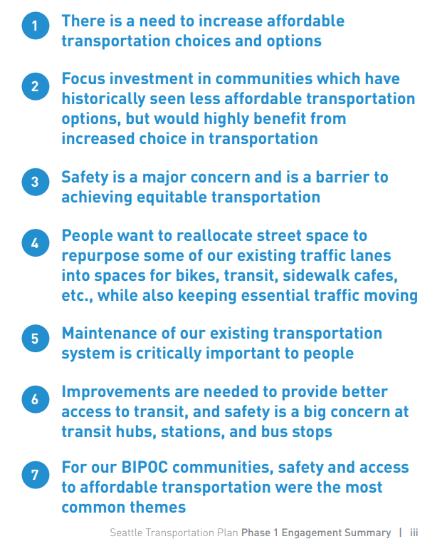 List of 7 bullet points dealing with re purposing space on streets, prioritizing maintenance, and safety and access