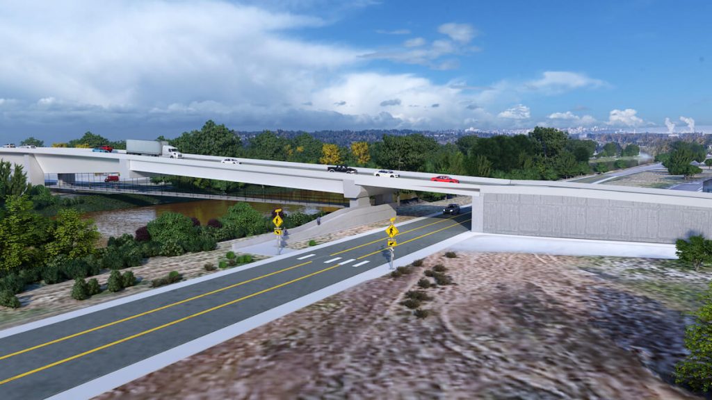 A rendering of a new bridge over a three lane road with a pedestrian crosswalk leading to a multiuse path under the bridge