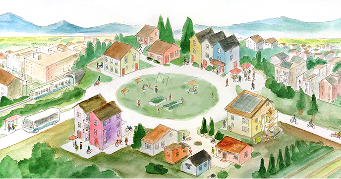 A drawing of a city oriented around a playfield with sixplexes, townhomes, duplexes borderin git and a bus stop with taller buildings and a light rail train in the background.