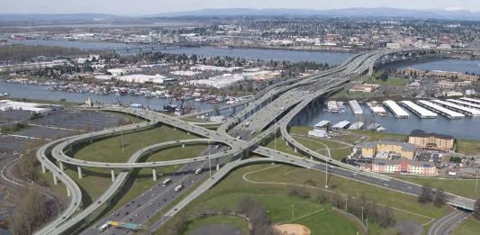An aerial view of a enormous highway crossing the Columbia River, a rendering from 2013