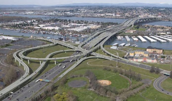 An aerial view of a enormous highway crossing the Columbia River, a rendering from 2013