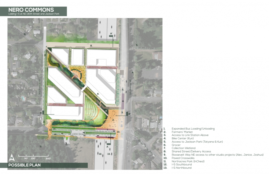 A rendering of a lid at NE 130th Street that includes a bus loading area, access to the future Link station, bike center, access to Jackson Park, grocery, wetland, and paved crosswalks. 